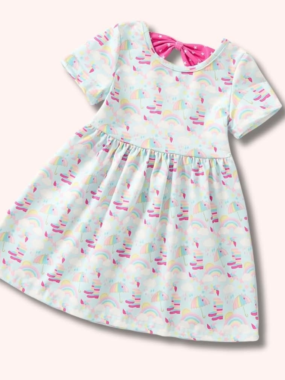 Girls Pastel Rainbow Print Casual Dress with Pink Bow